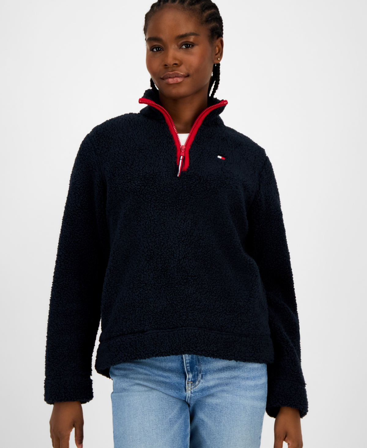 Tommy Hilfiger Women's Quarter-zip Faux-sherpa Jacket In Blue