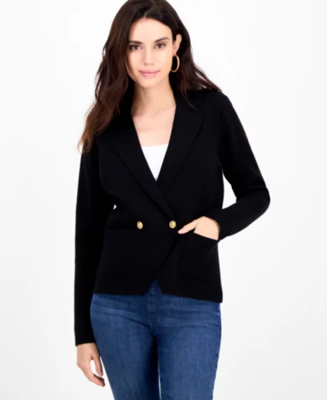 Petite Double-Breasted Patch Pocket Sweater - Deep Black