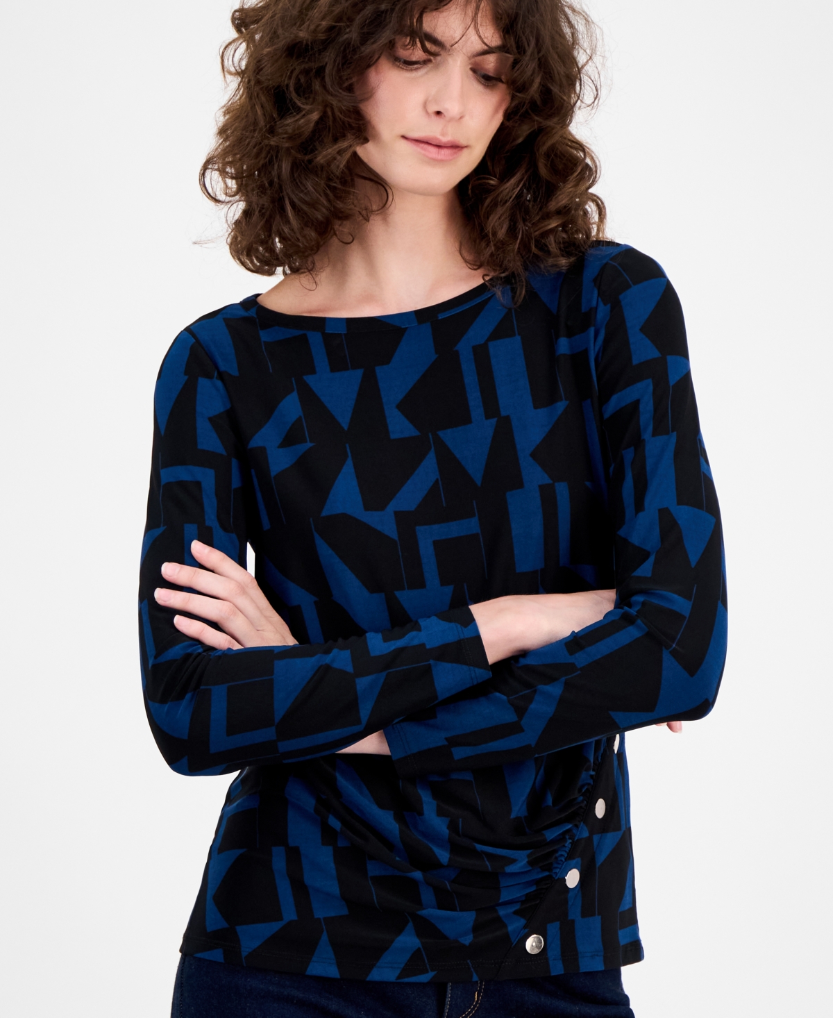 Ak Anne Klein Women's Geo-print Button-trim Top In Multi
