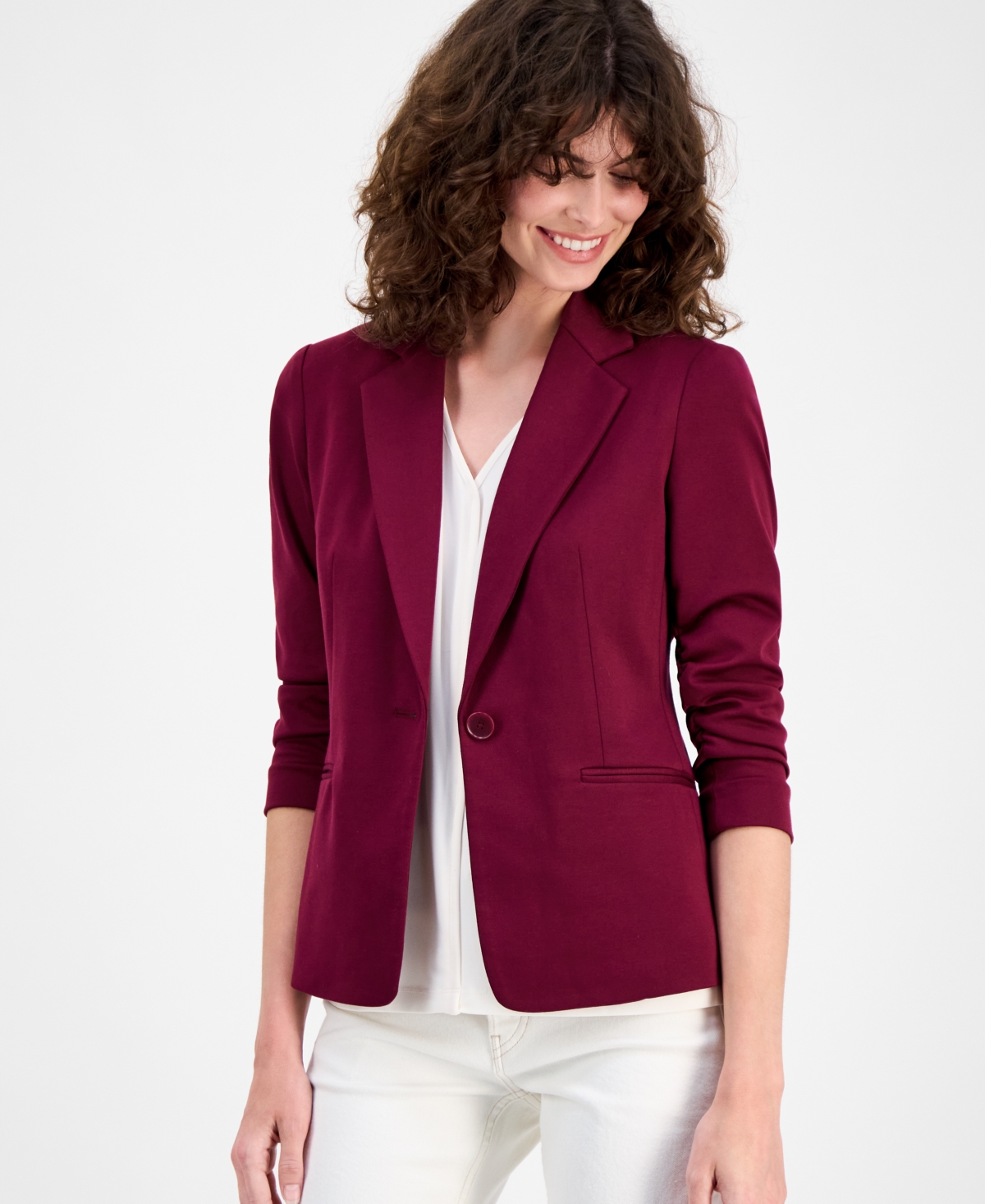 Ak Anne Klein Women's Ruched-sleeve One-button Jacket In Burgundy