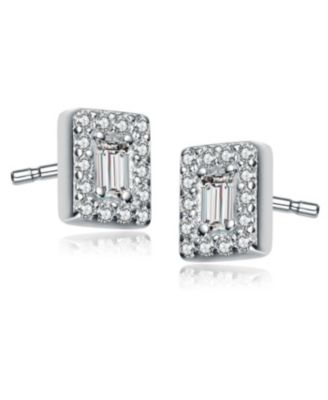 Sterling Silver White Gold Plating with Clear Cubic Zirconia Square Earrings