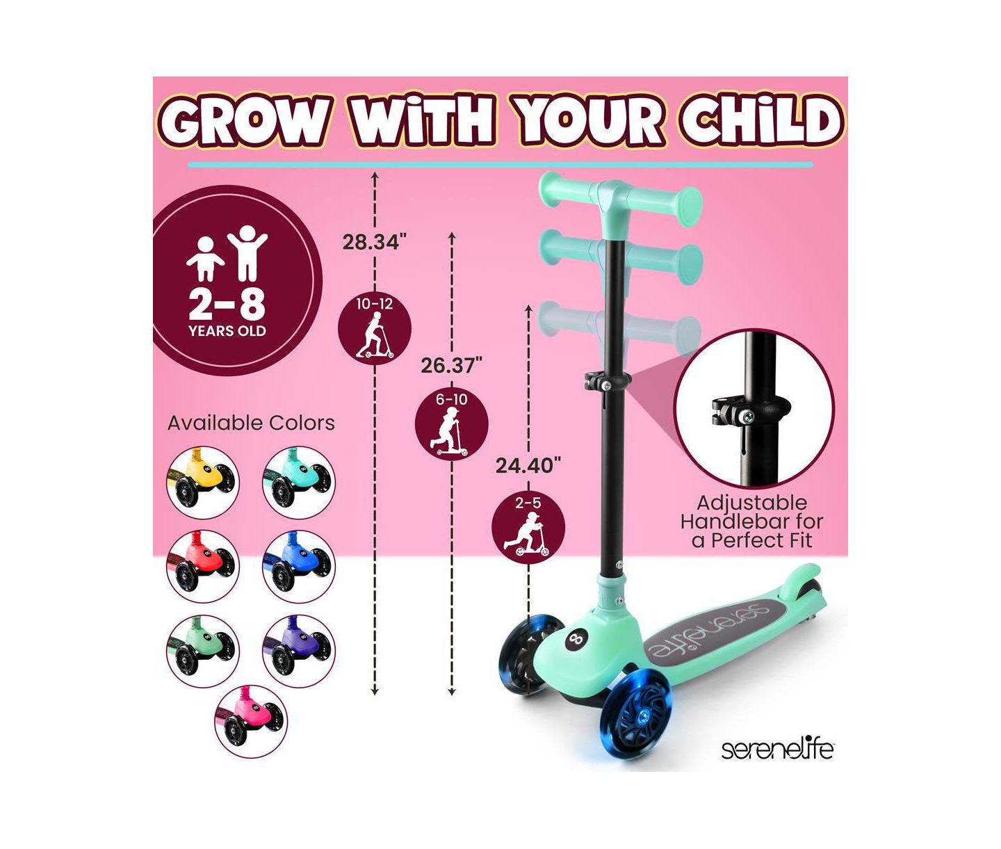 Детская игрушка SereneLife 3-Wheel Built-in LED Wheel Lights Foldable Kid Kick Scooter, Ages 2+, цвет: Зелёный — фото 4