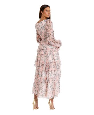 Women's Elegant Puff Sleeve Floral Midi Dress with A-Line Silhouette and Side Pockets