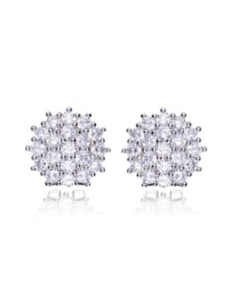 Sterling Silver White Gold Plating With Clear Cubic Zirconia Round Cluster Earrings