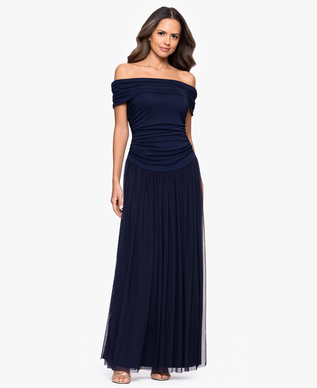 Betsy & Adam Women's Off-The-Shoulder Long Sheath Dress