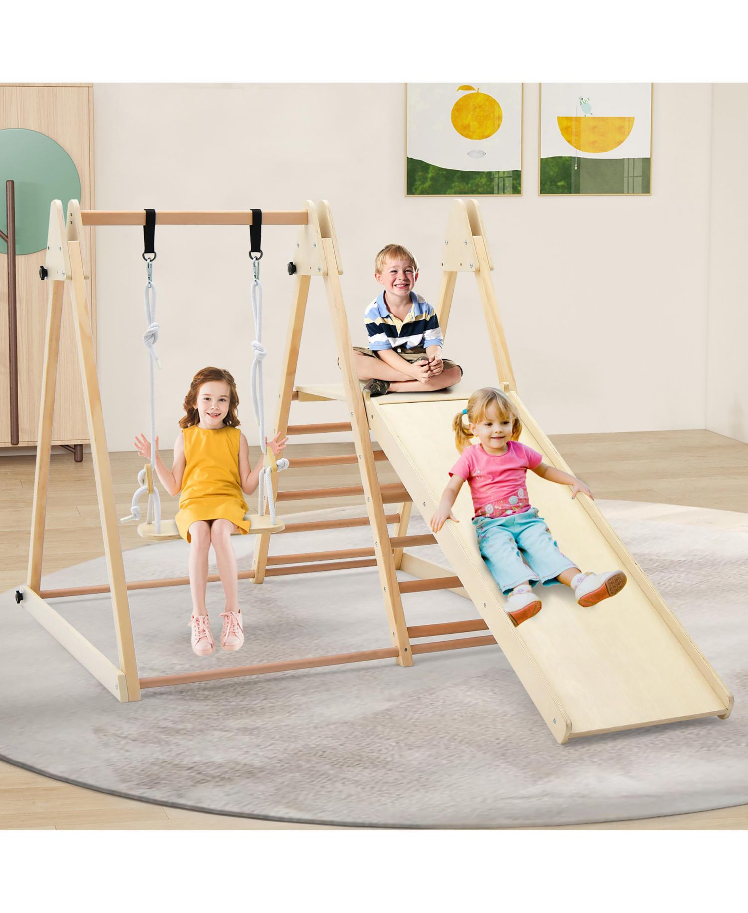 Kids 5-in-1 Indoor Playground w/ Slide Climbing Rock Adjustable Swing Wooden