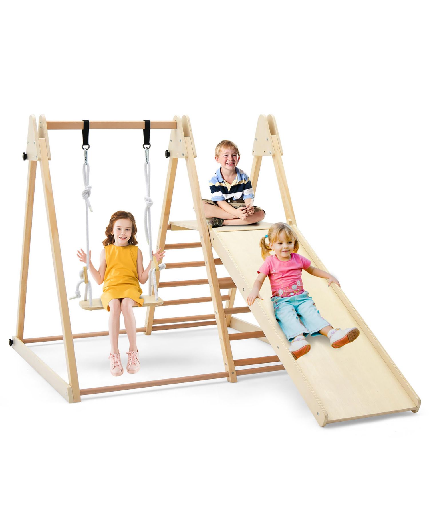 Kids 5-in-1 Indoor Playground w/ Slide Climbing Rock Adjustable Swing Wooden