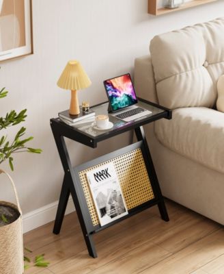 Rattan Side Table Bamboo Accent Bedside Table with Tempered Glass Top Black