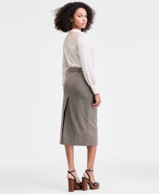 French Connection Womens Satin Pinstripe Blouse Houndstooth Belted Midi Skirt In Multi