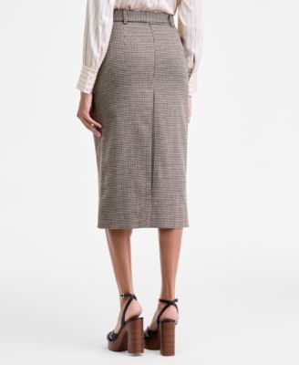 Women's Houndstooth Belted Midi Skirt