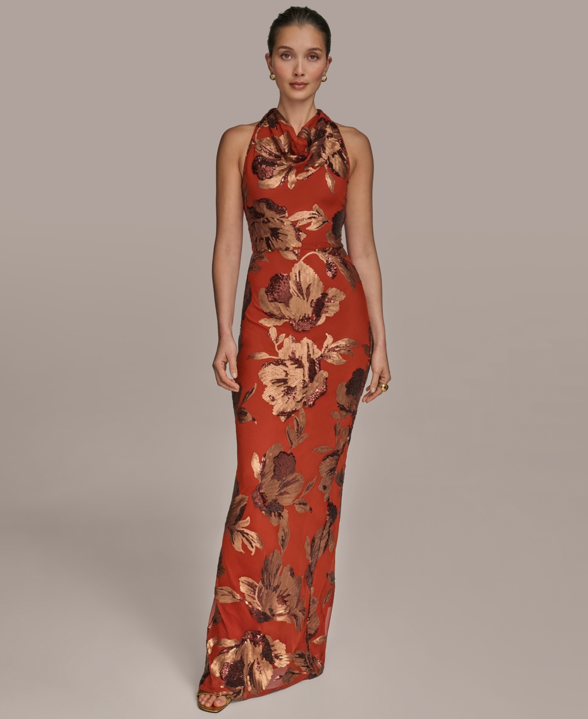 Donna Karan Women's Sequined Cowlneck Gown In Brown