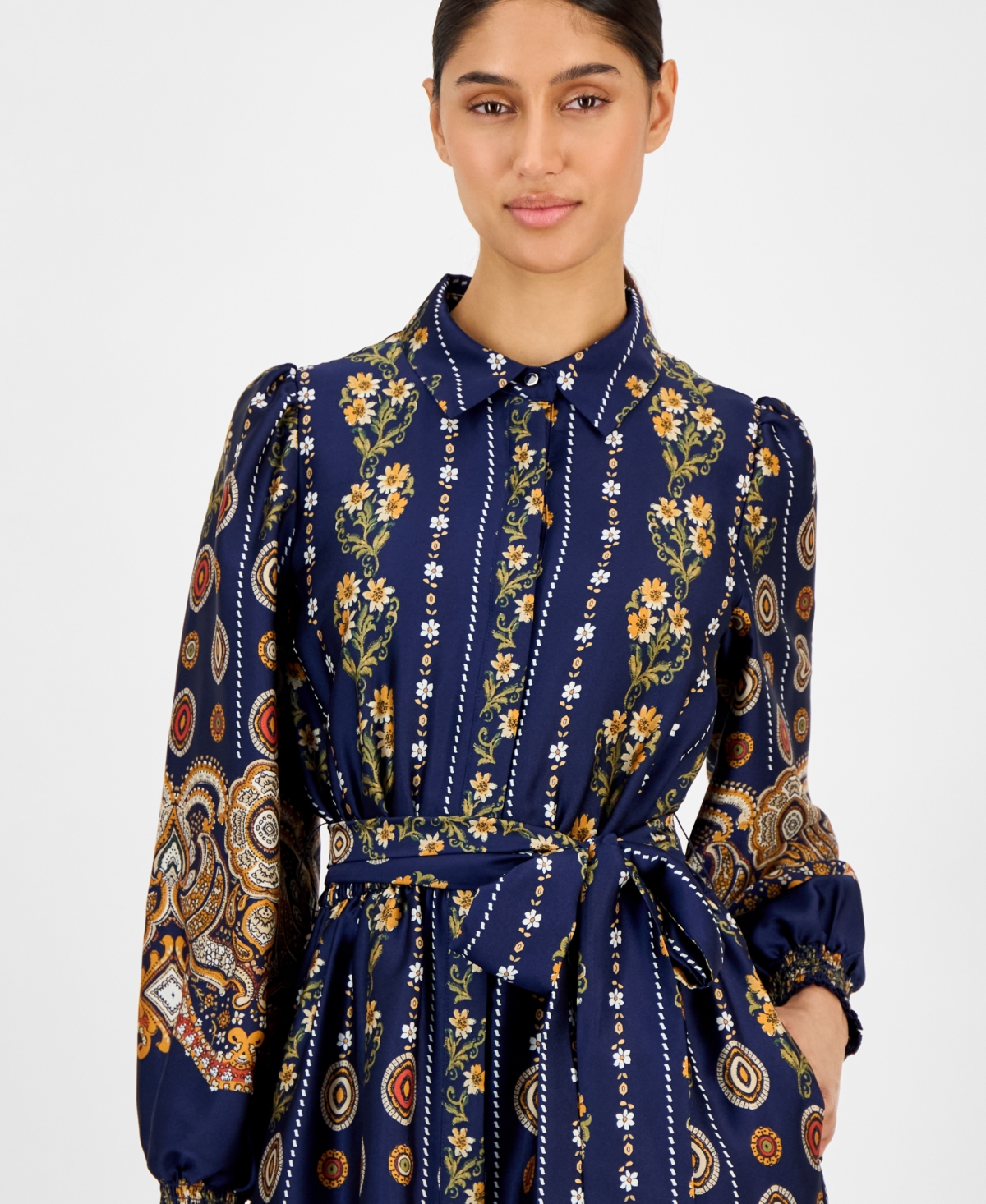 Anne Klein Women's Printed Satin Ruffle-Hem Shirt Dress