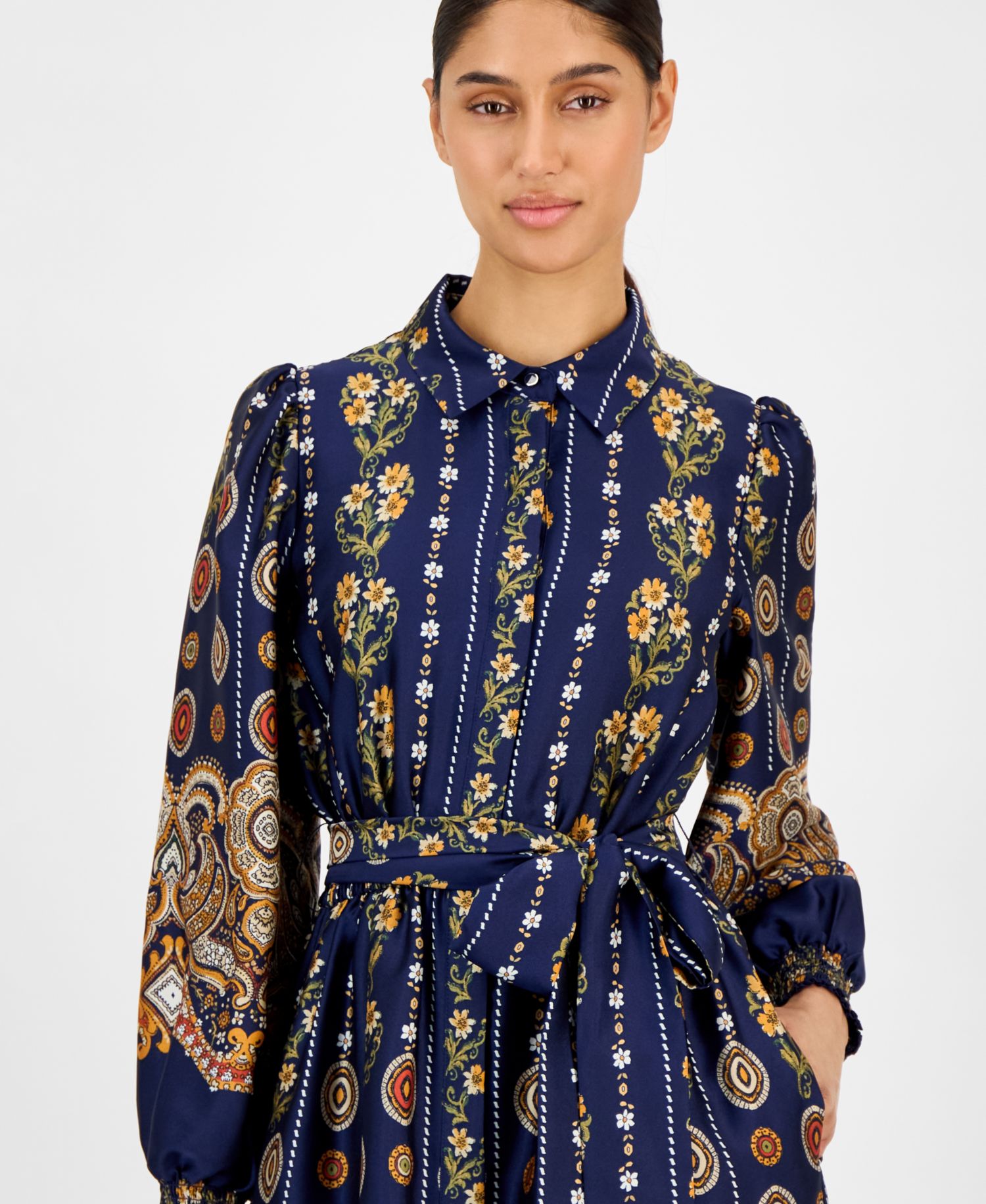 Women's Printed Satin Ruffle-Hem Shirt Dress