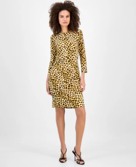 Petite Animal-Print Side-Pleat Dress - Vanilla Ice Multi