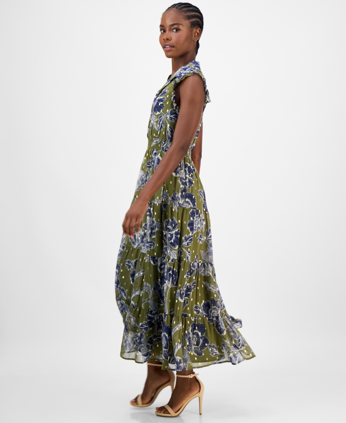 Anne Klein Sleeveless Metallic Floral Print Shirtdress In Multi