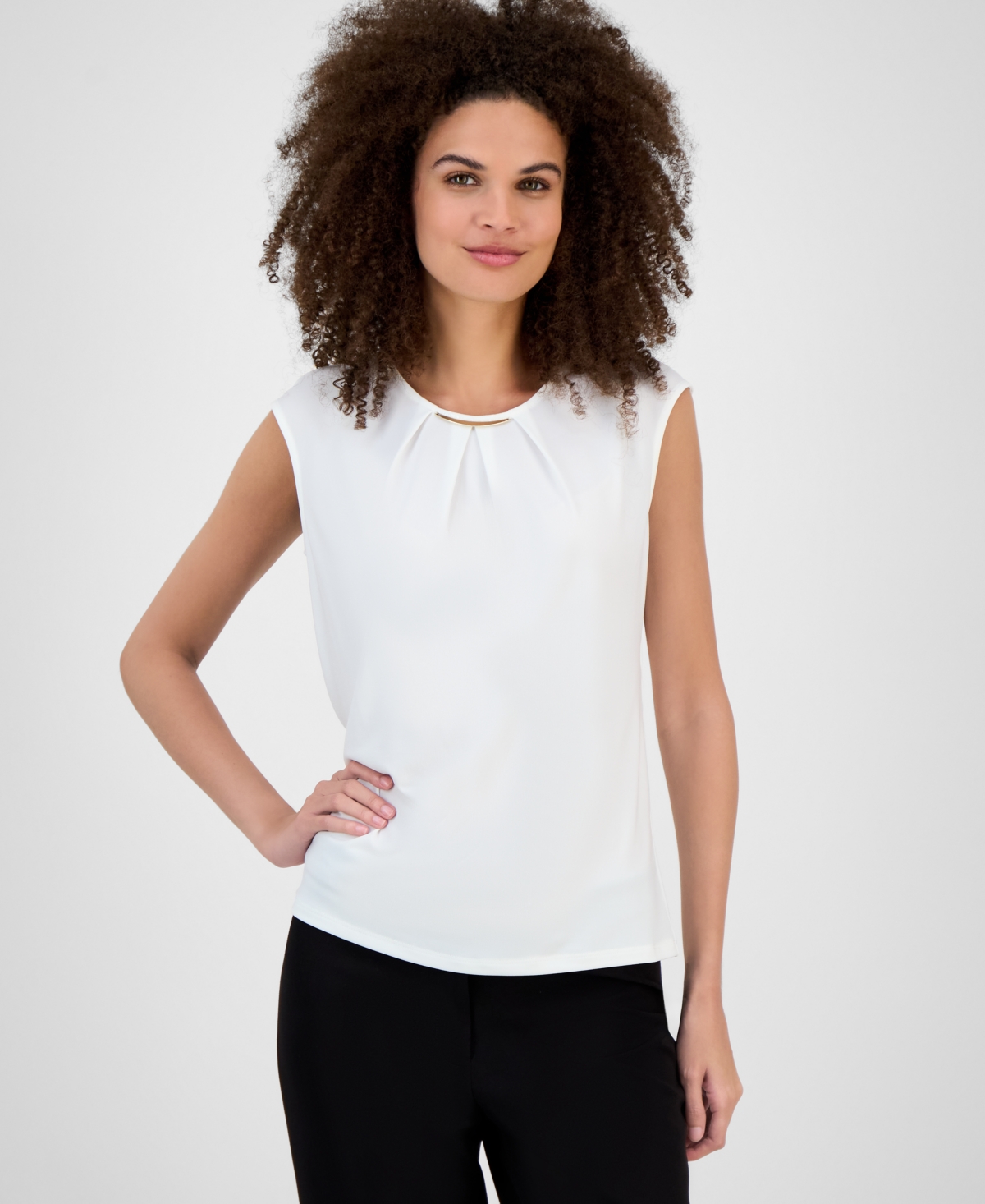 Kasper Scoop-pleat-neck Cap-sleeve Blouse, Regular & Petite In White
