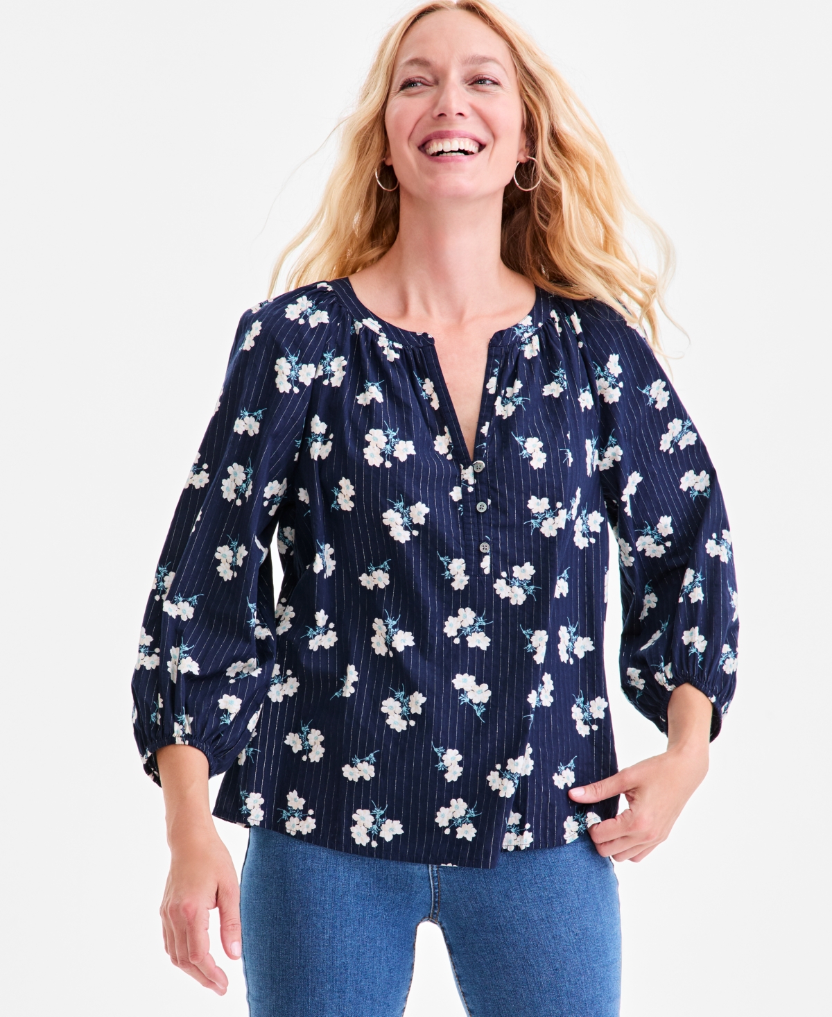 Style & Co Women's Printed Button-Front Raglan-Sleeve Lurex Top, Macy's Exclusive