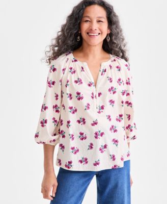 Style & Co - Petite Printed Balloon-Sleeve Popover Top