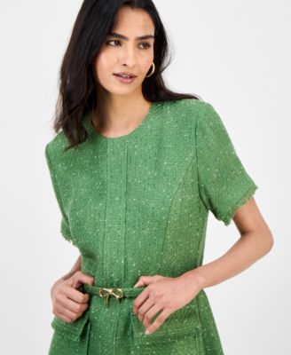 Petite Short-Sleeve Belted Tweed Shift Dress