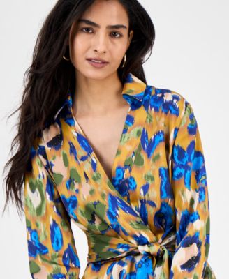 Women's Printed V-Neck Tie-Waist Midi Dress