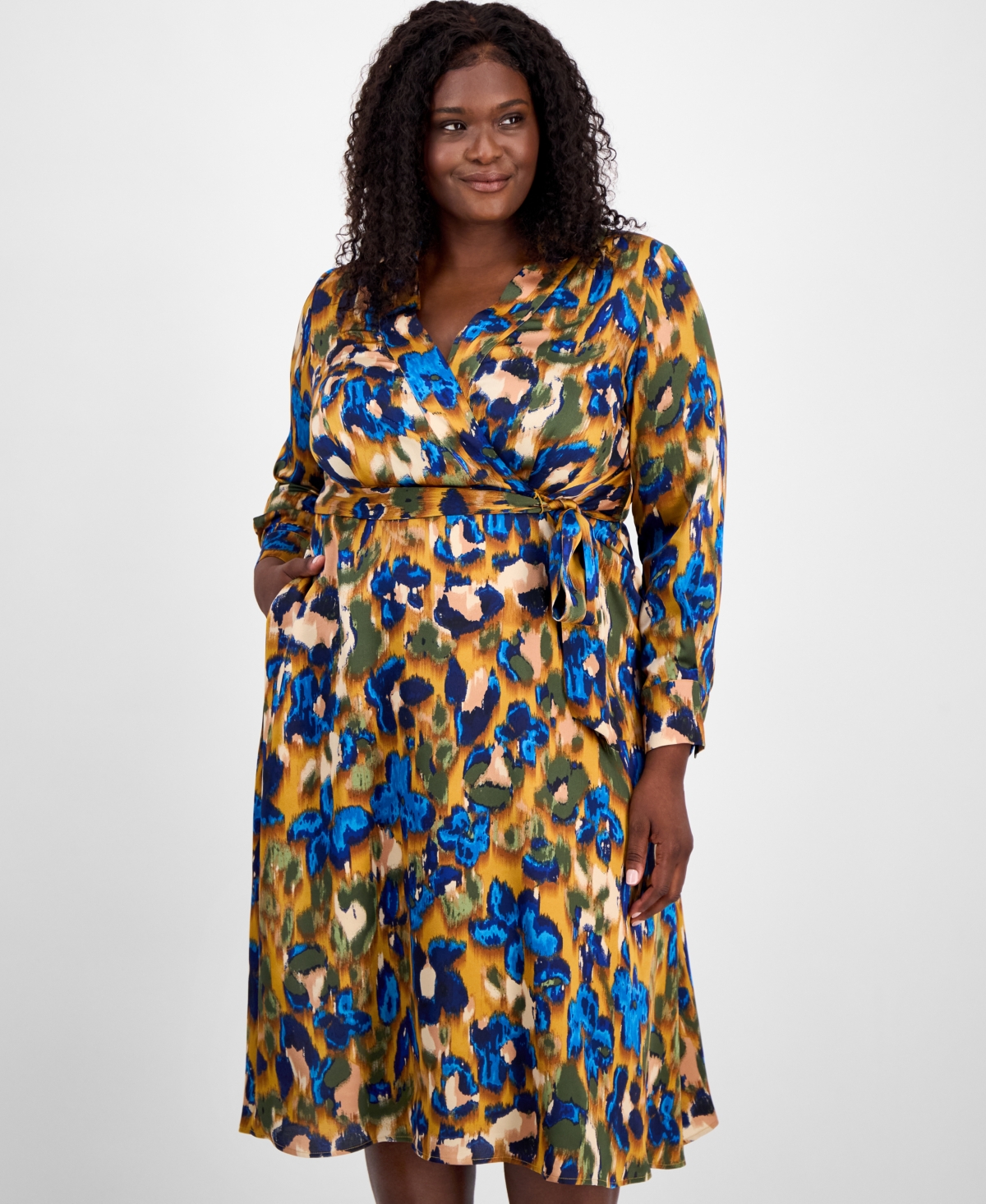 Tahari Asl Plus Size Printed V-neck Tie-waist Midi Dress In Multi