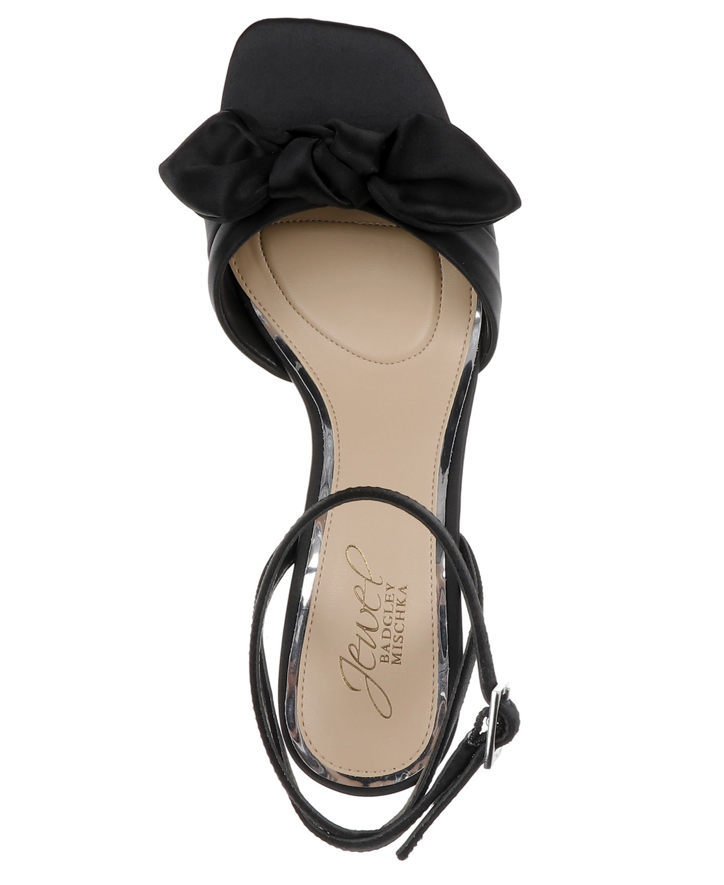 Женские сандалии Jewel Badgley Mischka Emeli Bow Square Toe, цвет: Чёрный атласный — фото 5