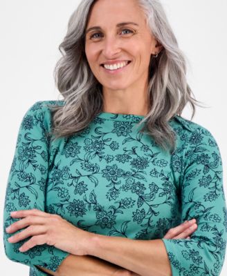 Petite Cotton Floral 3/4-Sleeve Boat-Neck Top