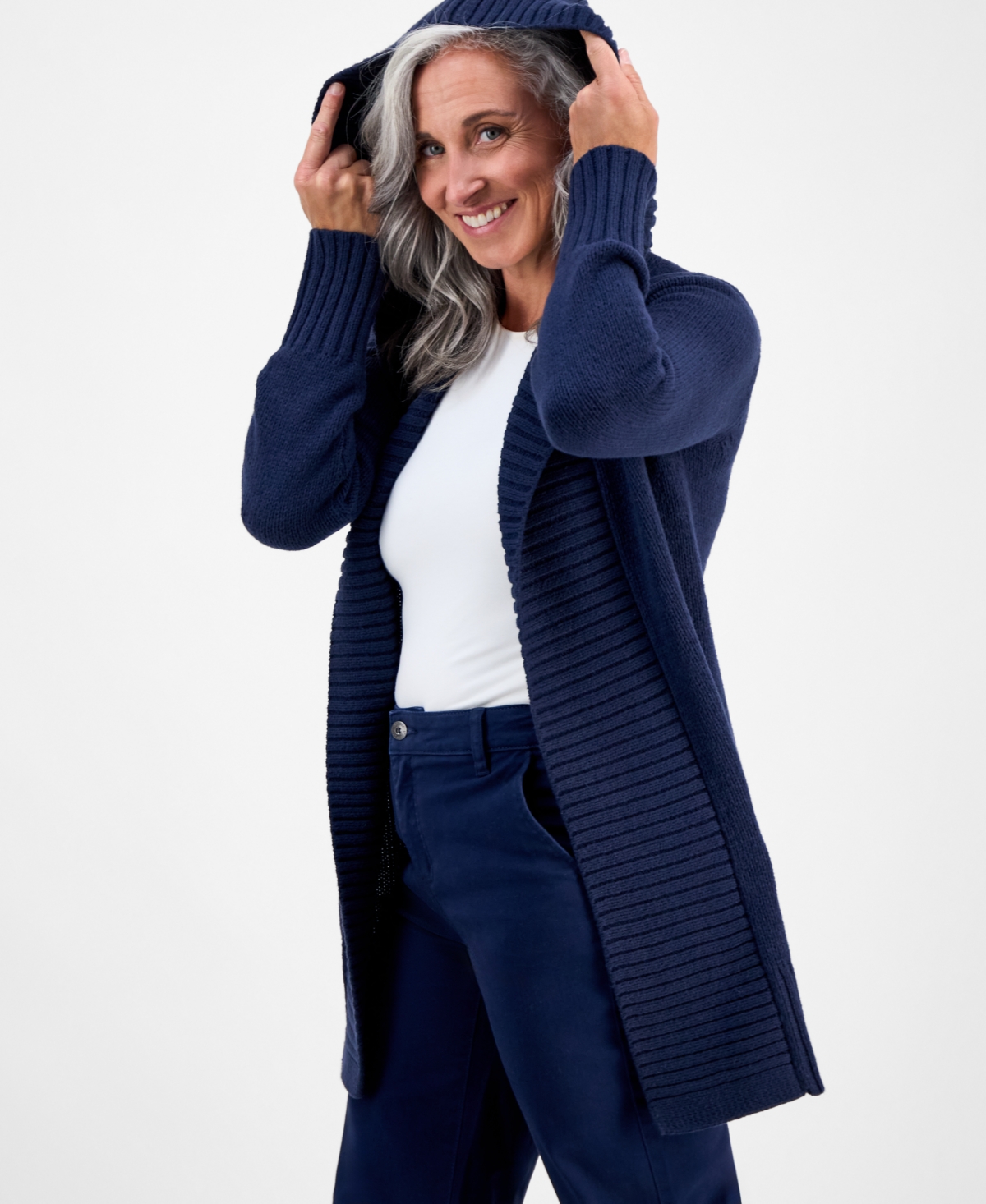 Style & Co Petite Hooded Open-front Long Cardigan, Macy's Exclusive In Blue