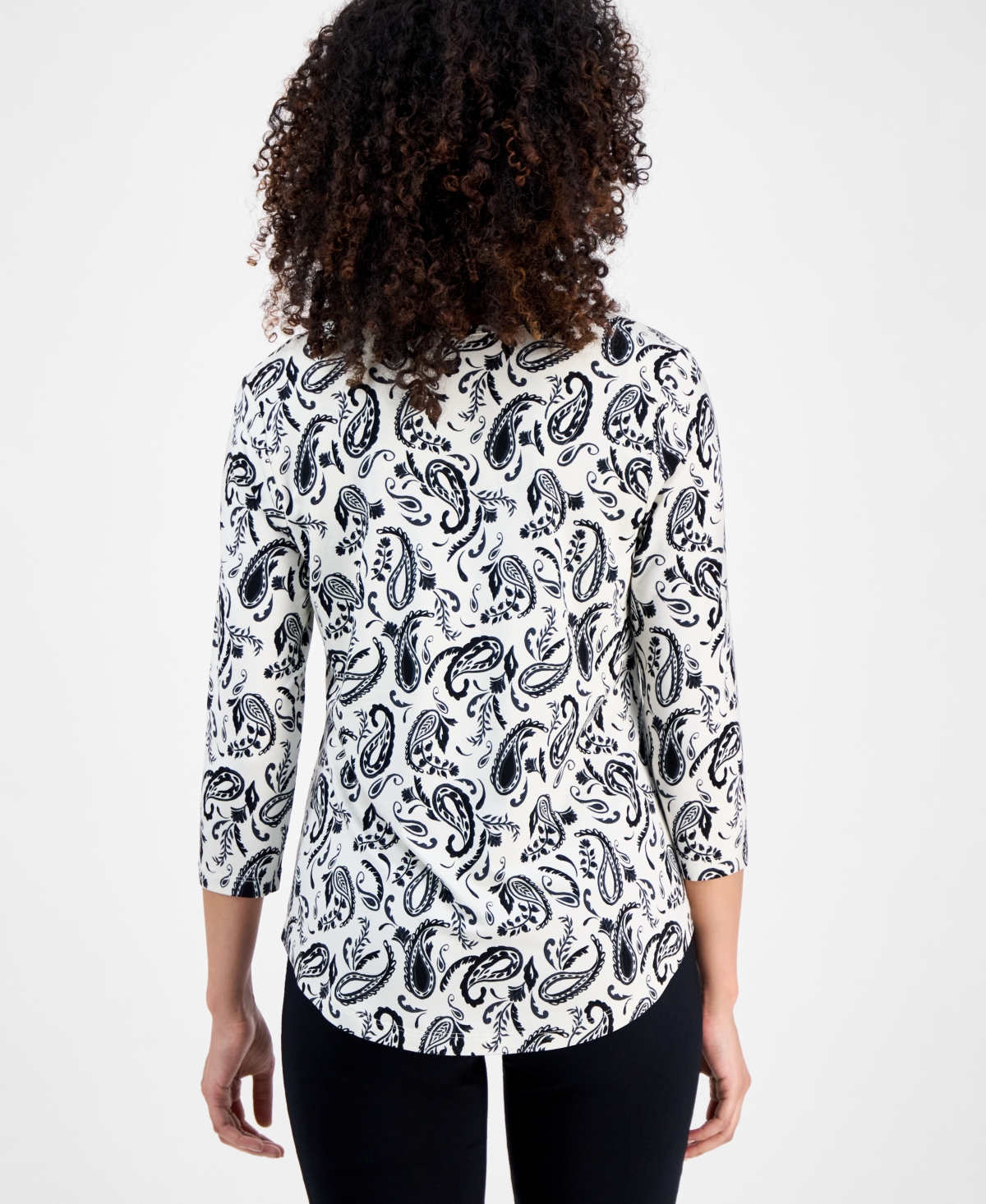 Jm Collection Petite Paisley Print Scoop-neck 3/4-sleeve T-shirt, Macy's Exclusive In Gray