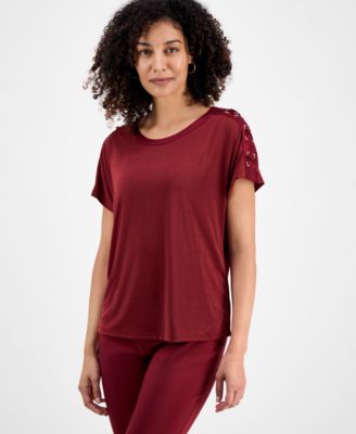 JM Collection - Petite Lace-Up Shoulder Short-Sleeve Top