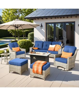 7 Piece Outdoor Patio Furniture with 42 inch Fire Pit,Swivel Rocking Chairs Coversation Set with Comfy Sectional Sofa,Wicker Ottoman