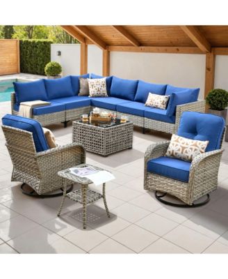 10 Piece Outdoor Patio Furniture with Swivel Chairs,All Weather Wicker Sectional Coversation Set with Solar Coffee Table, Single Modular Chairs