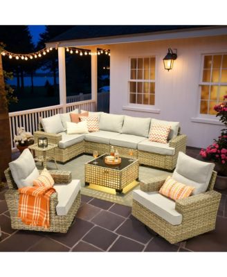 9-Piece Outdoor Wicker Patio Furniture Set with Rattan Modular Sectional Sofa, Swivel Rocking Chairs, and Side Table