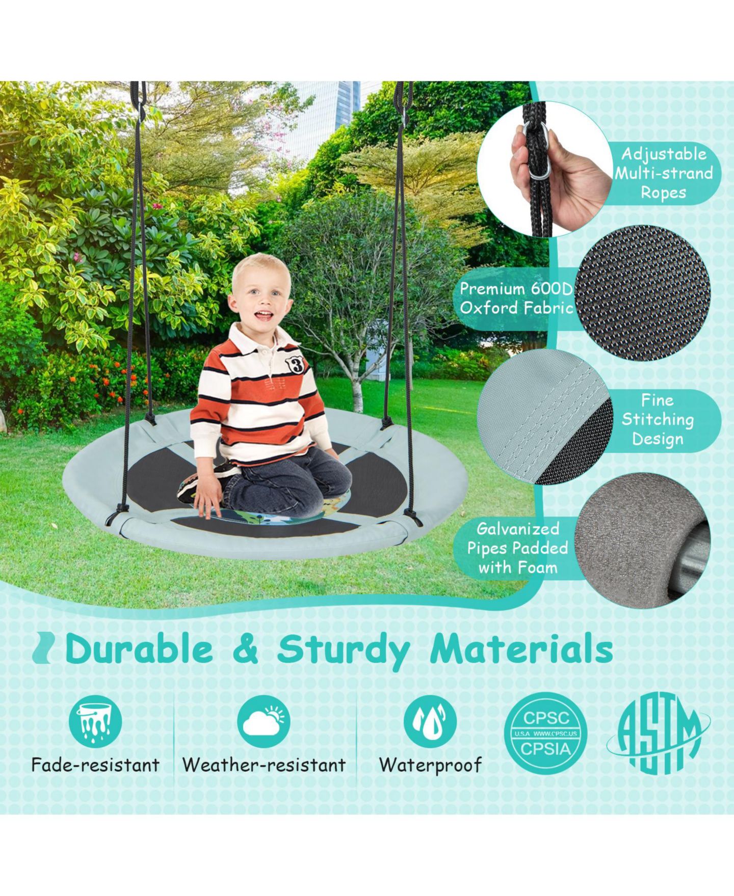 Детская игрушка Mecale 40" Adjustable Hanging Ropes Weather-Resistant Saucer Swing, Ages 3+, цвет: Серый — фото 8