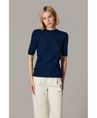 Women's Funnel Neck Short Sleeve Sweater | 75% Merino Wool 25% Silk Ultra Soft Fine-gauge Knit Top | Machine Washable