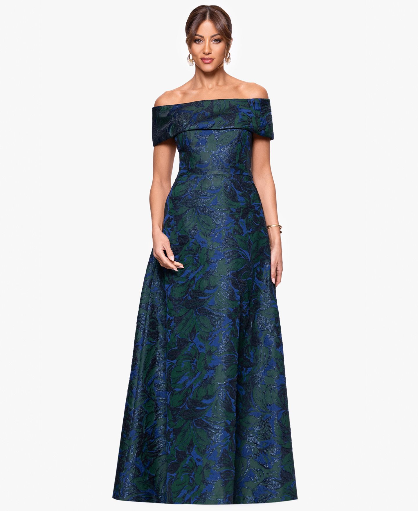 Женское платье XSCAPE Jacquard Off-The-Shoulder Ball Gown, цвет: Тёмно-синий зелёный — фото 1