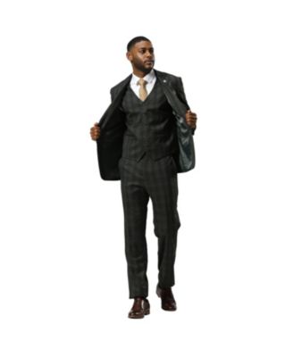 Men's Glen Plaid Hybrid-Fit 3pc Notch Lapel Suit Set, Jacket Vest and Pants