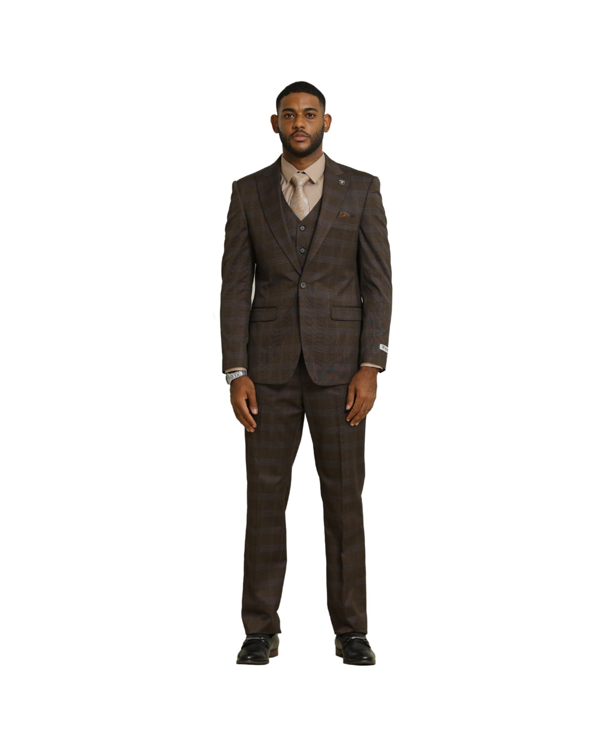 Big & Tall Glen Plaid 3-Piece Jacket With Solid Vest And Pants Suit Peak Lapel - Grey