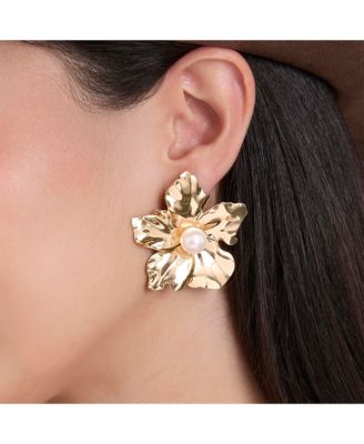 Statement Flower Earrings with Pearl Center in Gold-Tone