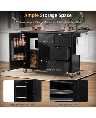 54.5" Rolling Kitchen Cart with Drop Leaf, Power Outlet, Spice Rack and Ample Storage