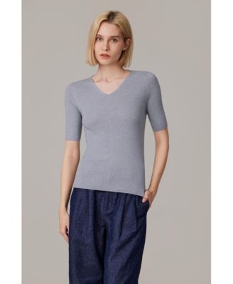 Women's Merino Wool Lurex Sweater | Shimmer Fine gauge V-Neck Short Sleeve Top | Machine Washable Pullover