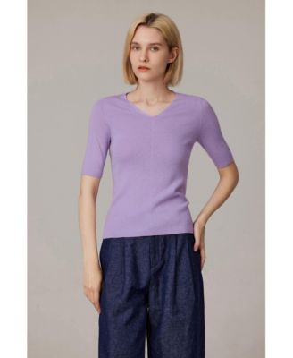 Women's Merino Wool Lurex Sweater | Shimmer Fine gauge V-Neck Short Sleeve Top | Machine Washable Pullover