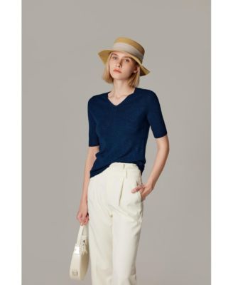 Women's Merino Wool Lurex Sweater | Shimmer Fine gauge V-Neck Short Sleeve Top | Machine Washable Pullover