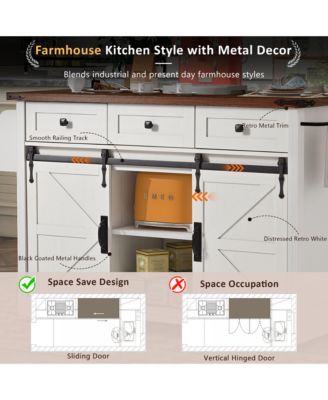 53.7" Rolling Kitchen Cart with Barn Doors, Drop Leaf, Power Outlet and Spice Rack (No Stools)