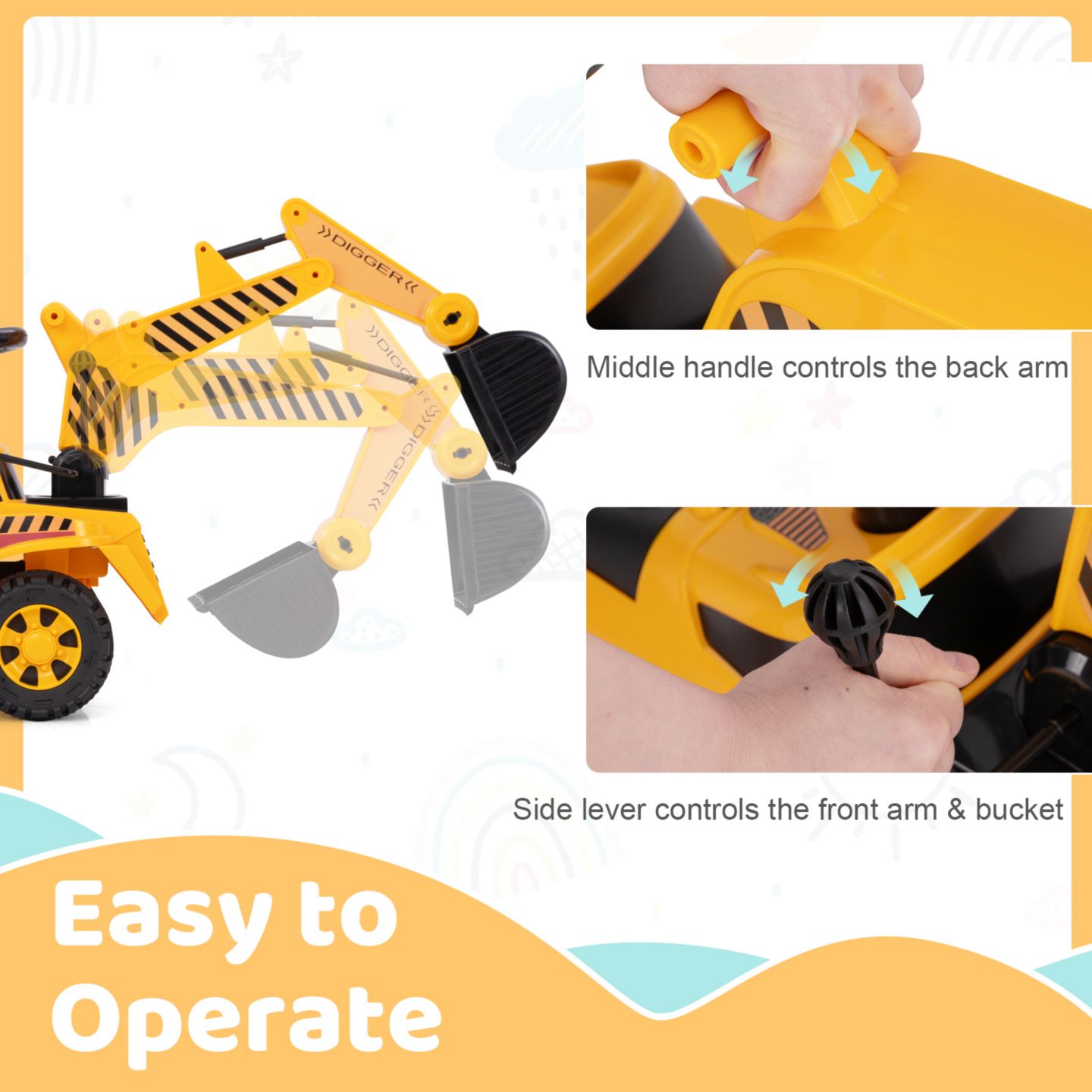 Детская игрушка Gymax Ride-On Excavator with Adjustable Shovel, Engine Sound & Anti-Tipping Base, 33 lbs Capacity, Ages 19-36 Months, цвет: Жёлтый — фото 9