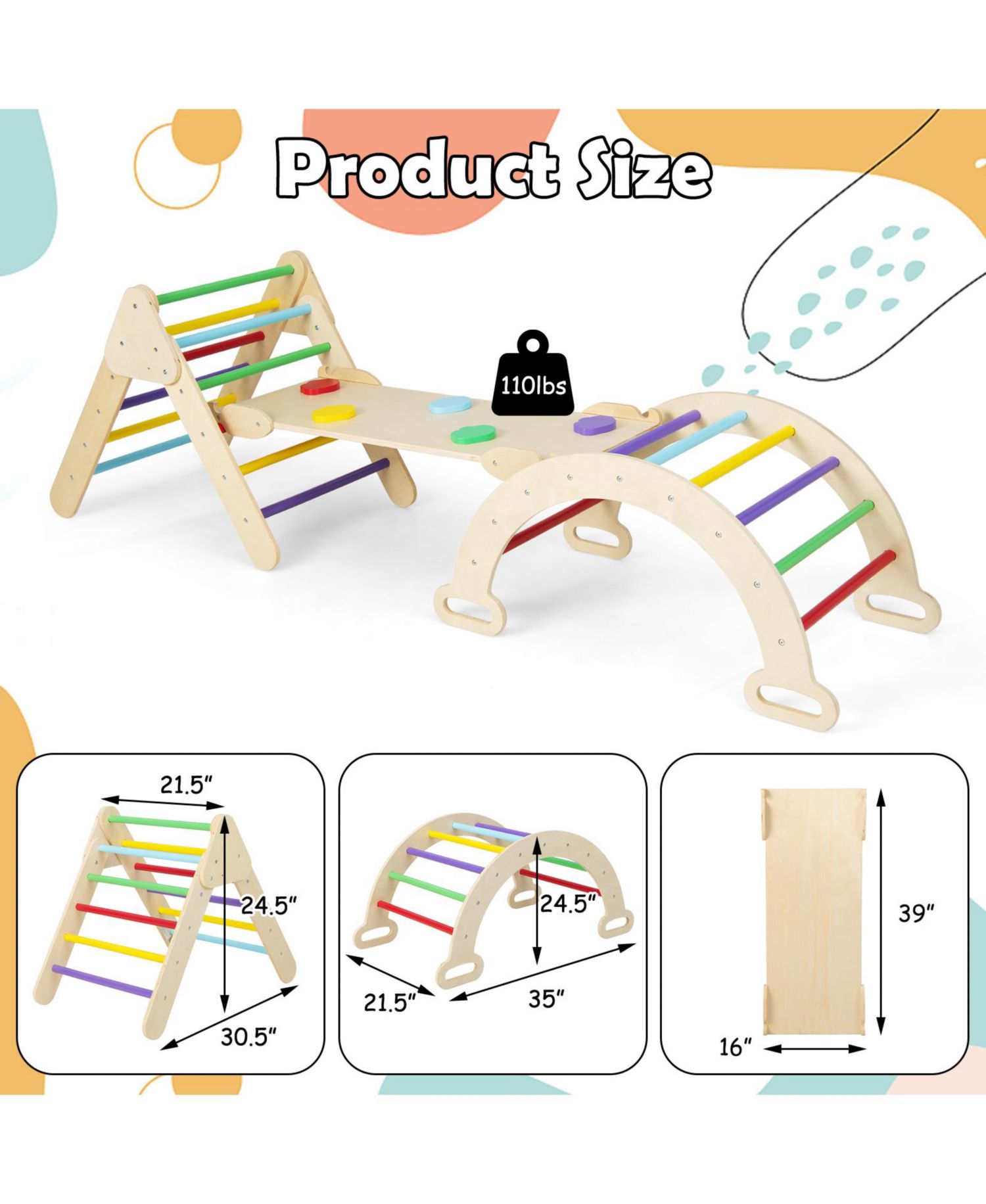 5-in-1 Montessori Reversible Wooden Triangle, Ramp, and Arch, 3-Piece Set