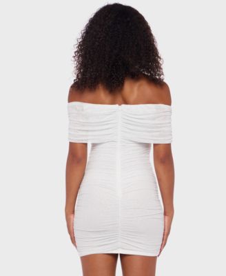 Juniors' Off-The-Shoulder Glitter Mesh Bodycon Dress