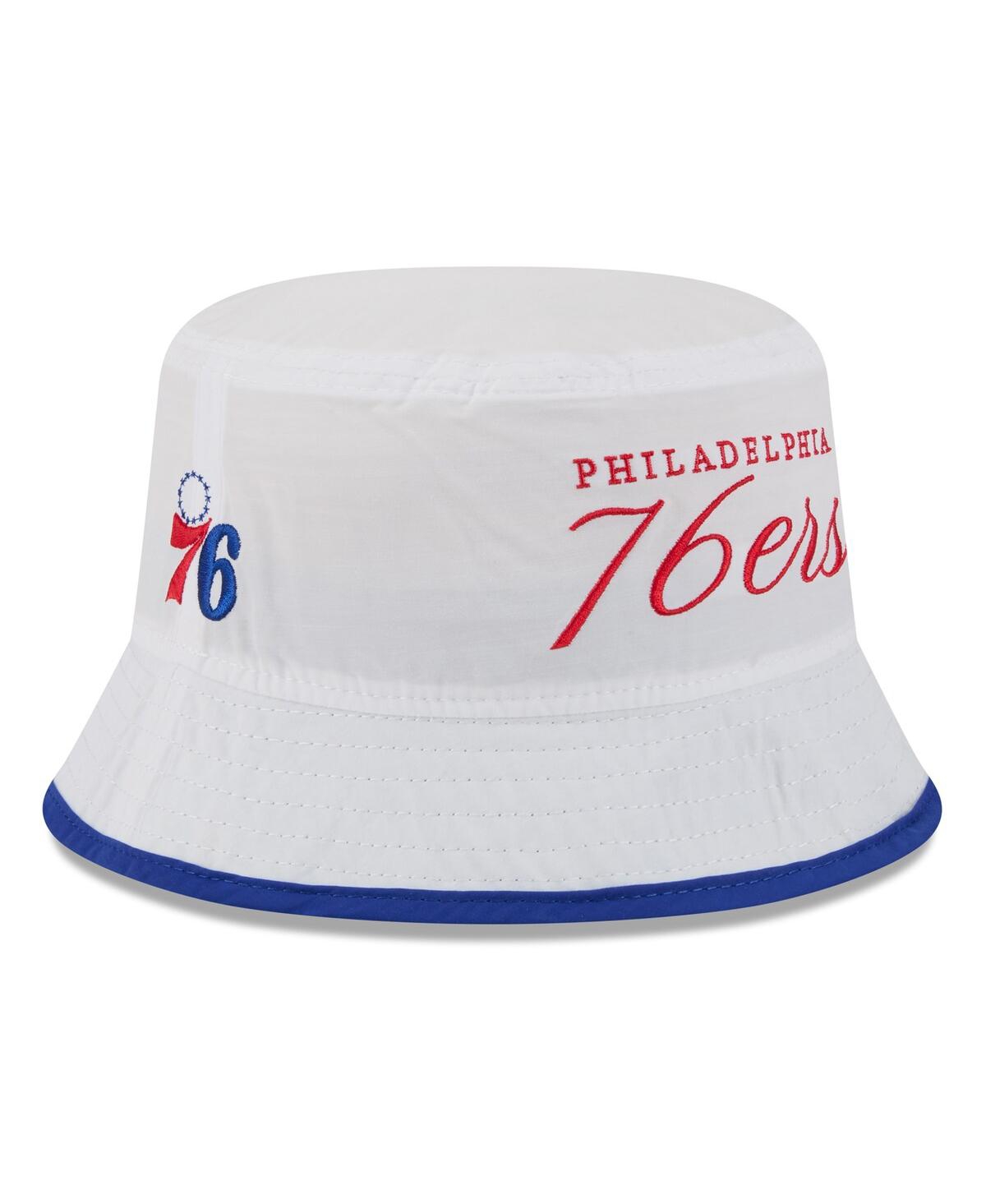 New Era Men's White/royal Philadelphia 76ers 2025 Nba Draft Nylon Bucket Hat