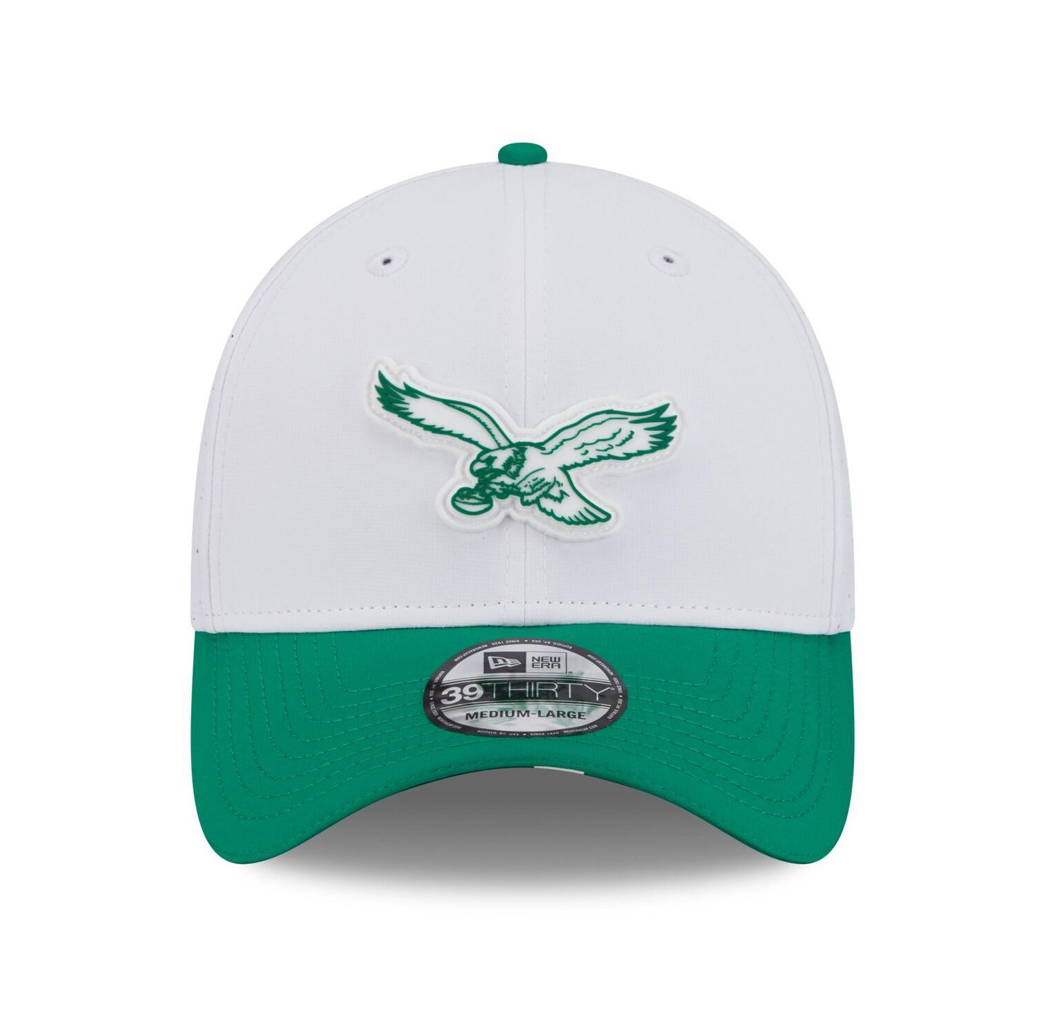 Men's White/Kelly Green Philadelphia Eagles 2025 NFL Training Camp Throwback Logo 39THIRTY Flex Hat