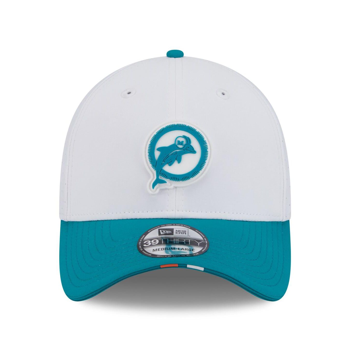 Мужская кепка New Era White/Aqua Miami Dolphins 2025 NFL Training Camp Throwback Logo 39THIRTY Flex Hat — фото 2